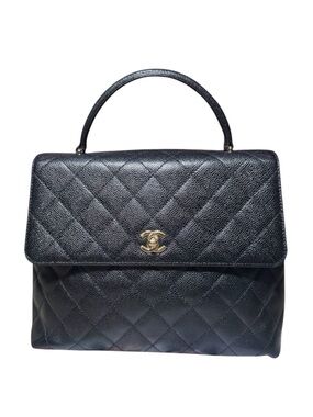 Chanel Black Caviar Quilted Leather Coco Mark CC Top Handle Flap Tote